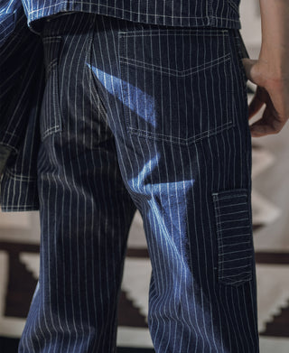 Indigo pinstriped work pants with side flap pocket and belt loops