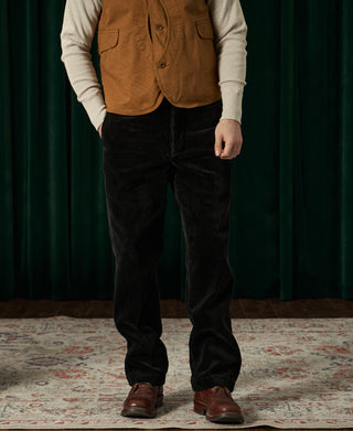 Black corduroy work pants full view, straight leg and cuffed hem