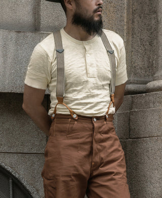 Cream white slub cotton henley T-shirt with short sleeves and button placket