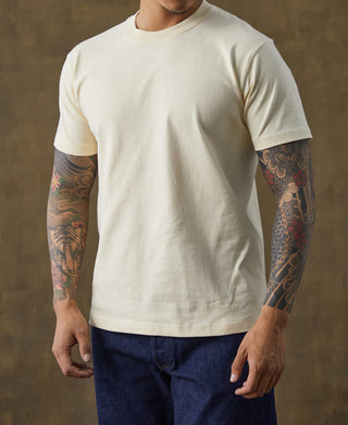 Off-white cotton crew-neck T-shirt on model, front view