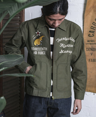 Olive bomber jacket with Fourteenth Air Force chest embroidery and cursive script