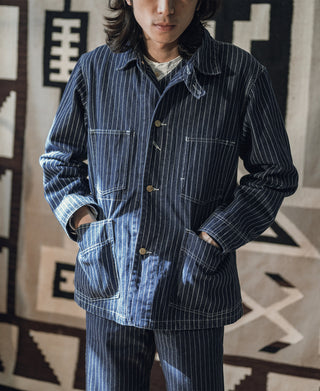 Indigo pinstripe work coat with button front and chest pockets, long sleeves