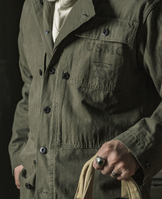 Olive utility jacket chest pocket detail with button closures and stitching