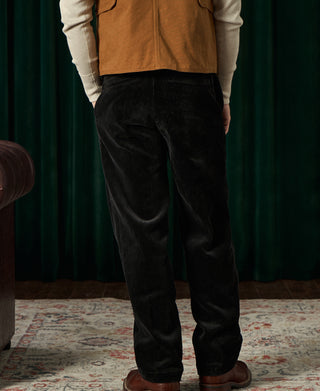 Black corduroy work pants back view, straight leg and visible yoke seam