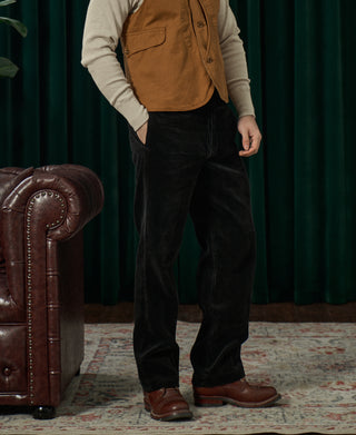 Black corduroy work pants, relaxed straight fit with front pockets and belt loops