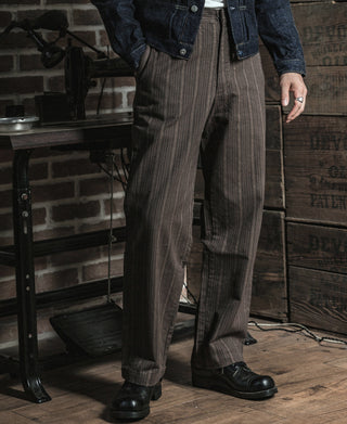 Brown pinstripe pants front close-up with pleats and belt loops