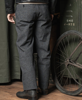 Salt and pepper trousers front view with belt loops and tapered top seam