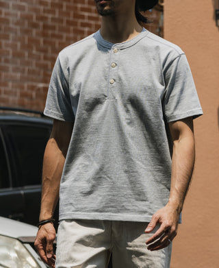 Gray cotton short-sleeve henley T-shirt with three-button placket
