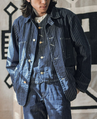 Indigo pinstripe work coat with stand collar, metal buttons, and chest pockets