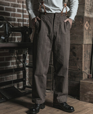 Brown pinstripe pants standing view with suspenders and straight leg fit