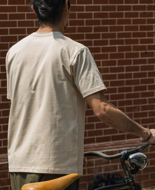 Apricot cotton henley T-shirt, short sleeves, back view with crew collar