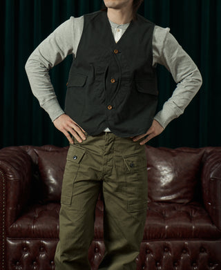Dark green canvas game pockets vest, sleeveless, V-neck, four button front