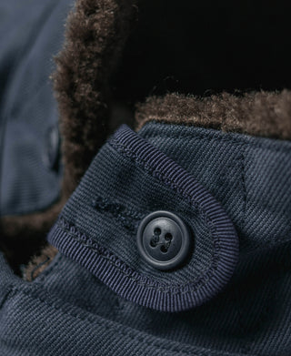Navy deck jacket cuff with dark ribbed trim and two-button placket