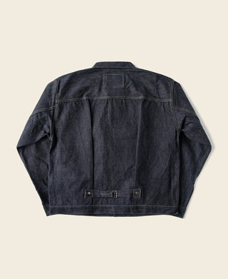 Indigo denim jacket back view with yoke seam and buttoned waistband