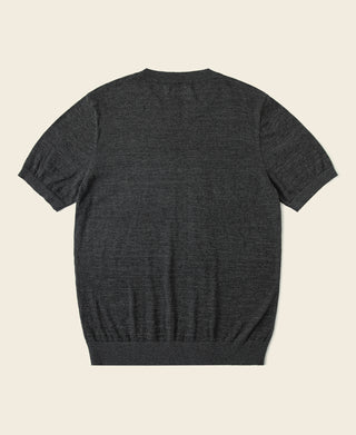 Dark gray short-sleeve crewneck jersey knit T-shirt back view with ribbed bottom