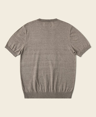 Heathered brown jersey knit crewneck T-shirt, short sleeves, back view
