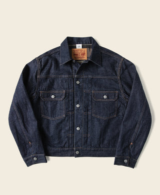 Indigo denim jacket with button front and chest flap pockets
