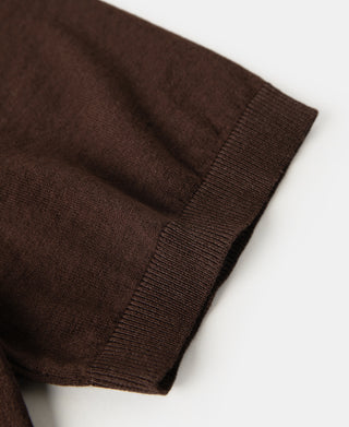 Coffee brown jersey T-shirt showing ribbed cuff and chest pocket edge