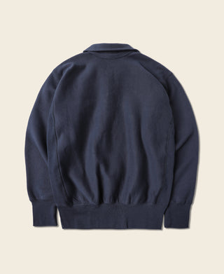 Navy half-zip sweatshirt back view with ribbed hem and cuffs
