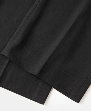 Black trousers with straight leg and visible hem stitching at the cuff