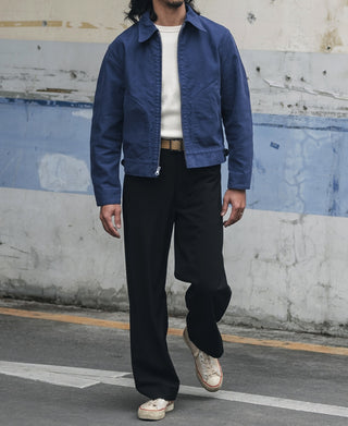 Blue cossack jacket with zip-front and cropped waist hem