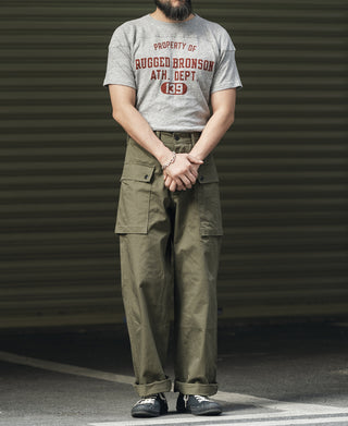 Gray crew T-shirt with red chest graphic and drop-shoulder silhouette