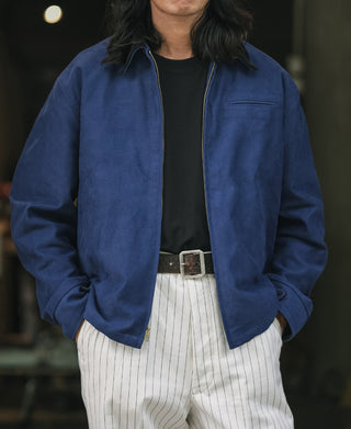 Blue cossack jacket front view with zipper, chest pocket, and stand collar