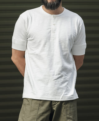 White henley T-shirt front view with short sleeves and button placket