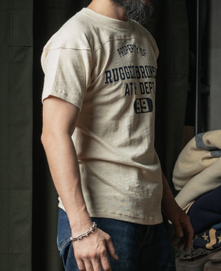 Apricot drop-shoulder football T-shirt with crew neck and front graphic, size 99
