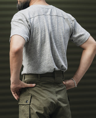 Gray drop-shoulder football T-shirt with crew neck, short sleeves, curved hem (back view)