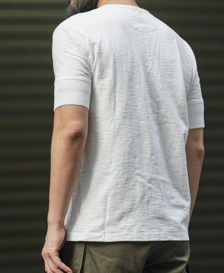 White henley T-shirt back view with short sleeves and curved hem