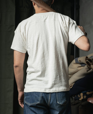 White drop-shoulder T-shirt back view, plain crew neck