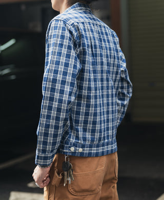 Blue plaid shirt jacket back view with button cuffs