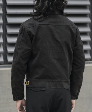 Black moleskin cossack jacket back view, belt strap and yoke seam
