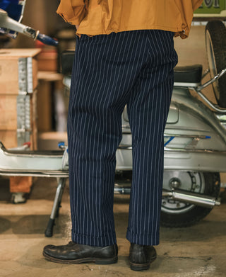 Navy pinstripe work pants, straight cut, button fly, belt loops