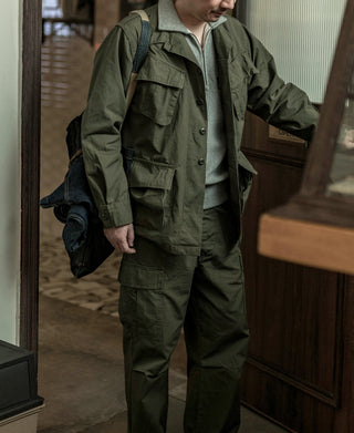 Olive fatigue jacket and matching pants set with flap pockets and button front