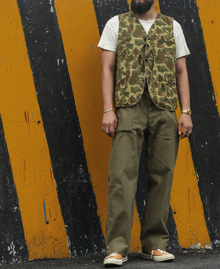 Olive utility fatigue trousers, straight leg with stitched pleats and pockets