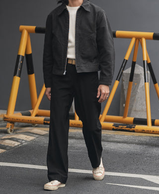 Black straight-leg trousers with front pockets, belt loops, and ankle-length hem