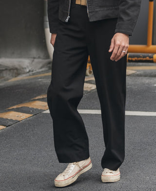 Black trousers side view with straight cut, seam details, and belt loops