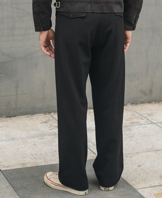 Black trousers rear view with back patch pocket and belt loops