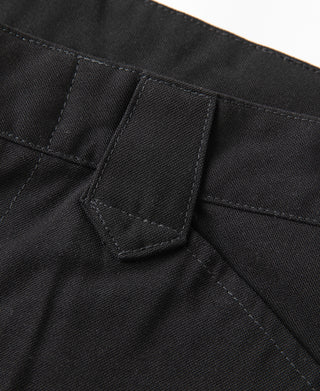 Black trouser pocket with buttoned flap and stitched seam