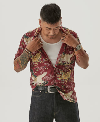 Men's wine red aloha shirt with tiger-and-crane print and open camp collar