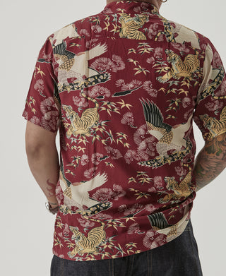 Back view of men's wine red aloha shirt with tiger-and-crane ukiyo-e style print