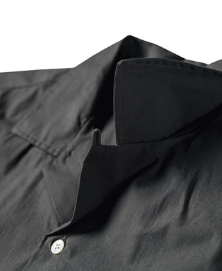 Dark gray open-collar shirt fabric and button placket close-up