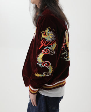 Wine reversible acetate souvenir jacket worn, sleeve embroidery with tiger and cloud motifs