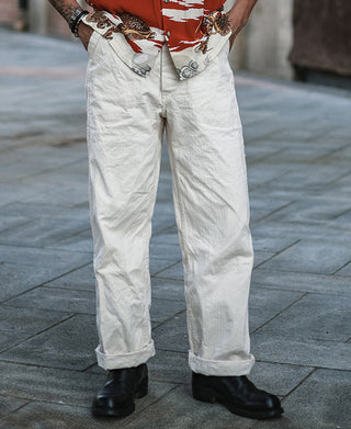 White herringbone deck pants, roomy straight legs with front fly and pockets