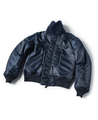Navy B-15C flight jacket front view with shearling-style collar and zip front