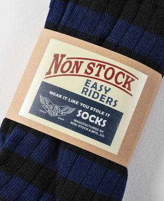 Packaged black and blue striped cotton crew socks