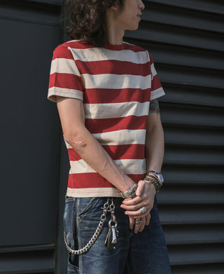 Red and white wide striped cotton T-shirt with crew neck and short sleeves
