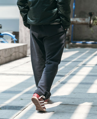 Black heavyweight terry sweatpants, relaxed straight-leg silhouette with cuffed ankle